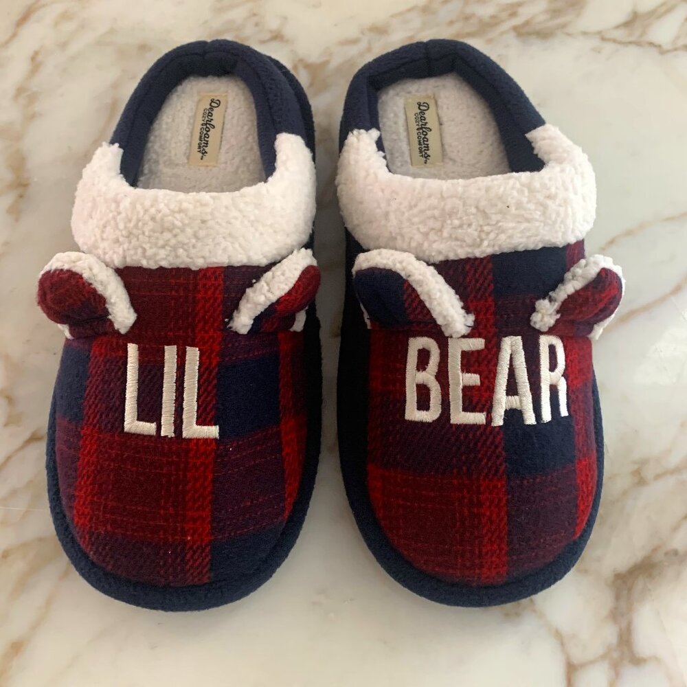 Dearfoams Cozy Comfort Lil Bear Plaid Closed Back Slippers for Kids - NWOT